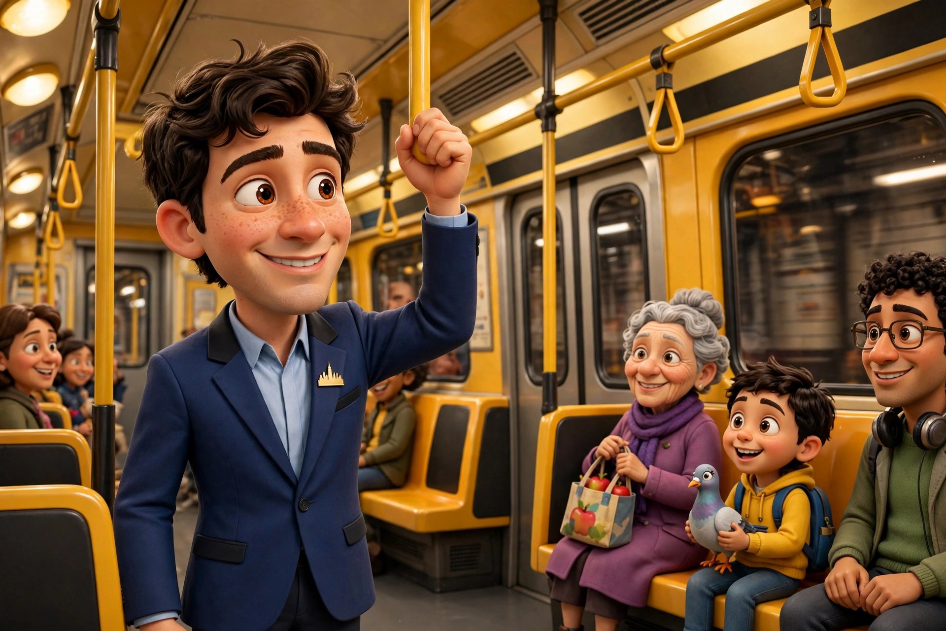 Cartoon dramatization of the animated Mamdani character riding a New York subway car