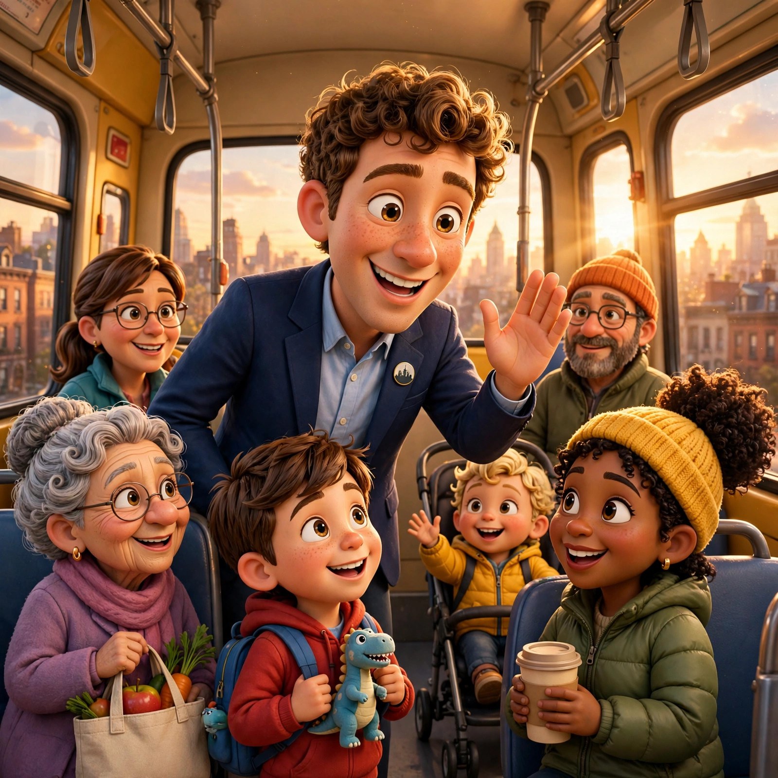 Cartoon dramatization of the animated Mamdani character greeting morning commuters on a bus