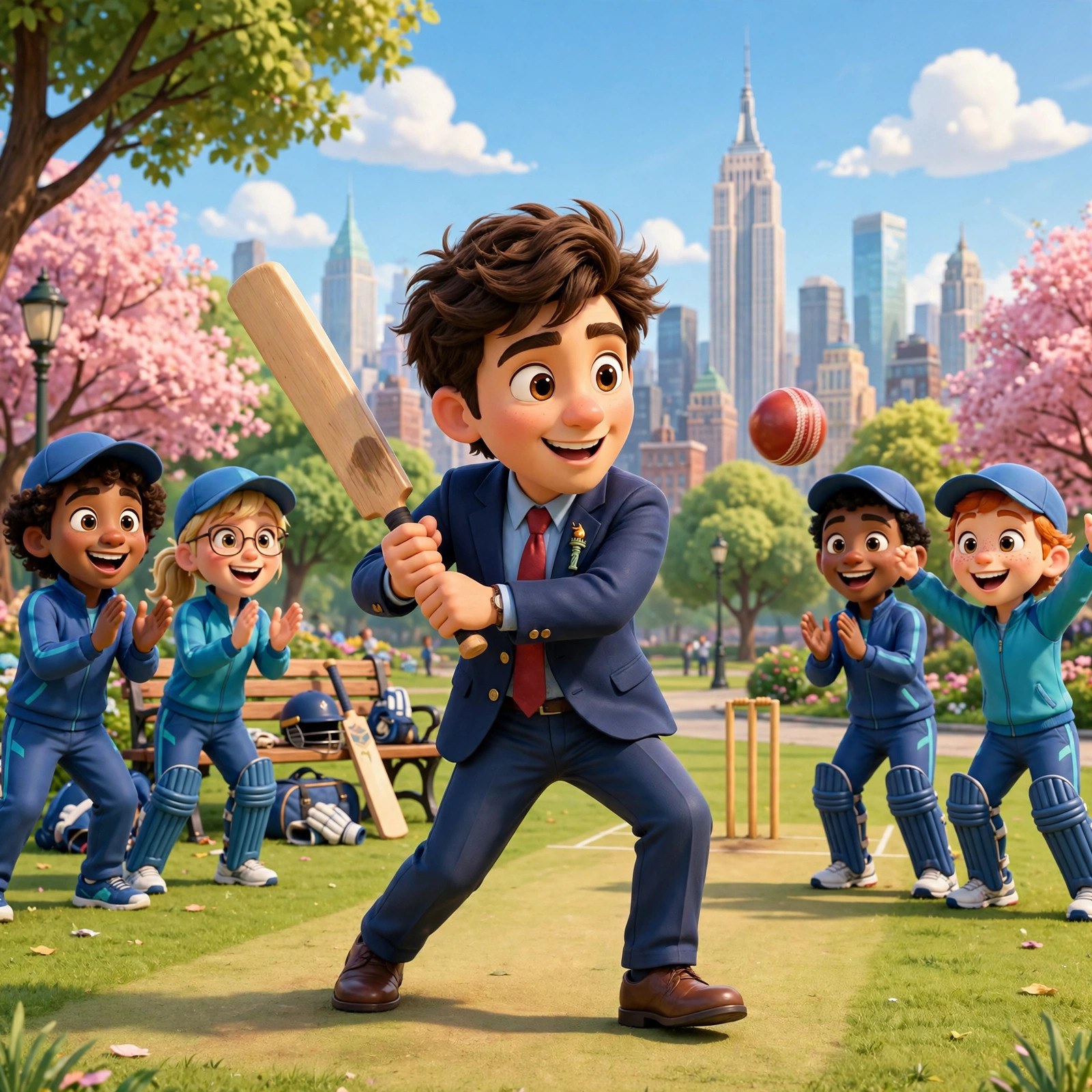 Cartoon dramatization of the animated Mamdani character batting in a park cricket game
