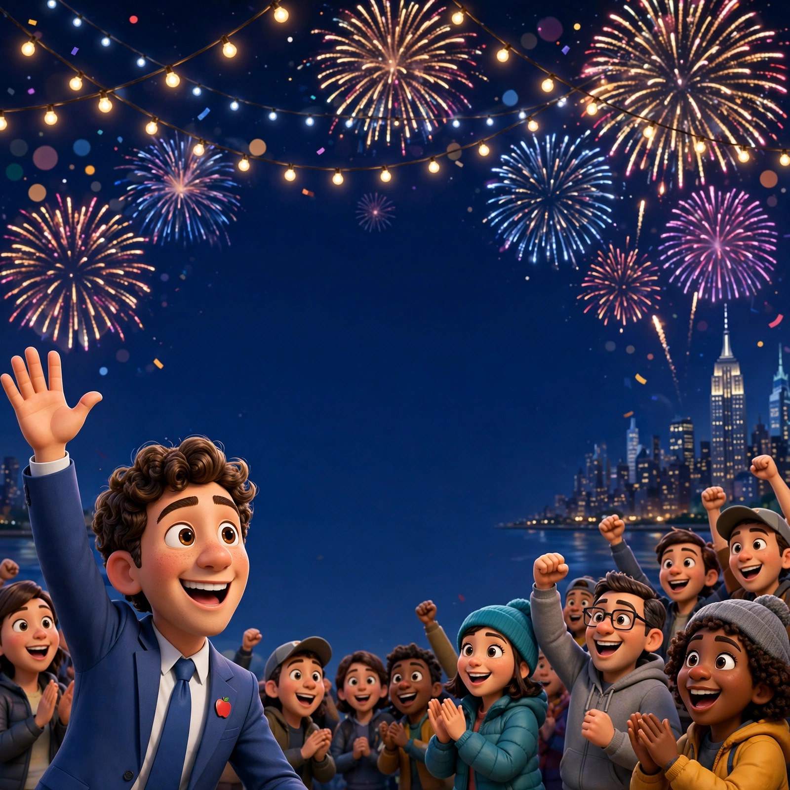 Cartoon nighttime victory rally with the animated Mamdani character, no text in the image