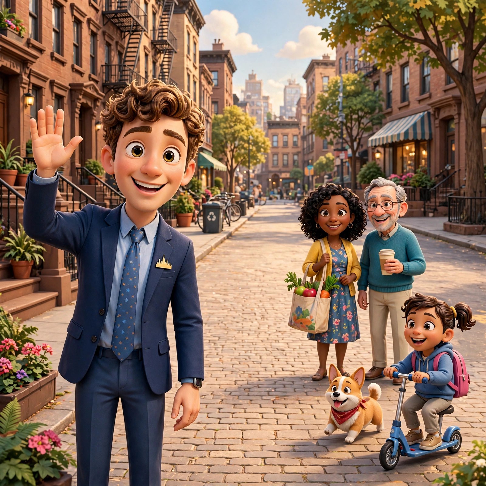 Cartoon New York street scene with the animated Mamdani character waving, no text in the image
