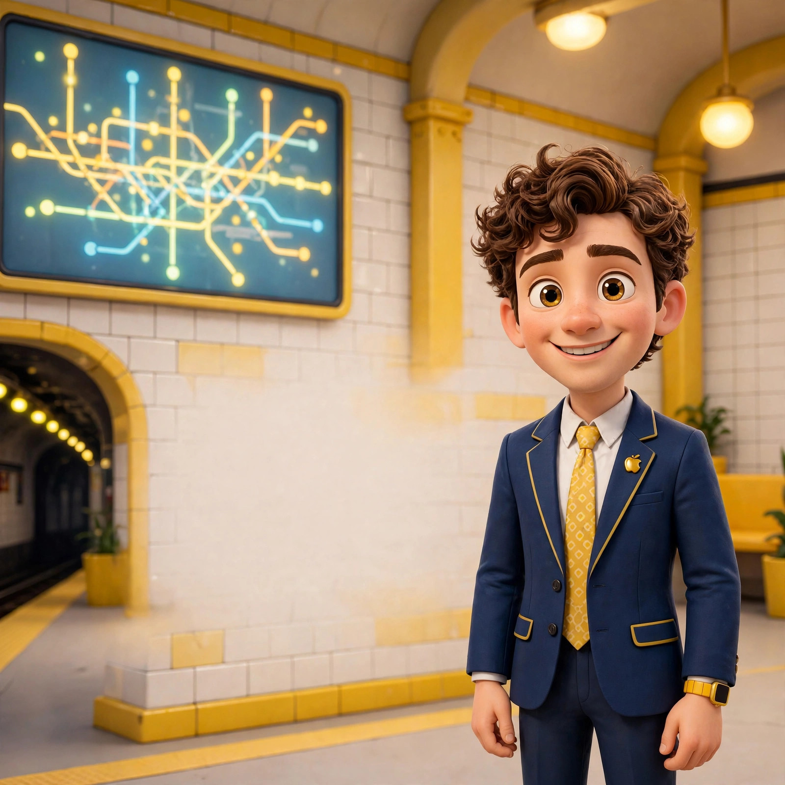 Cartoon subway station scene with the animated Mamdani character, no text in the image