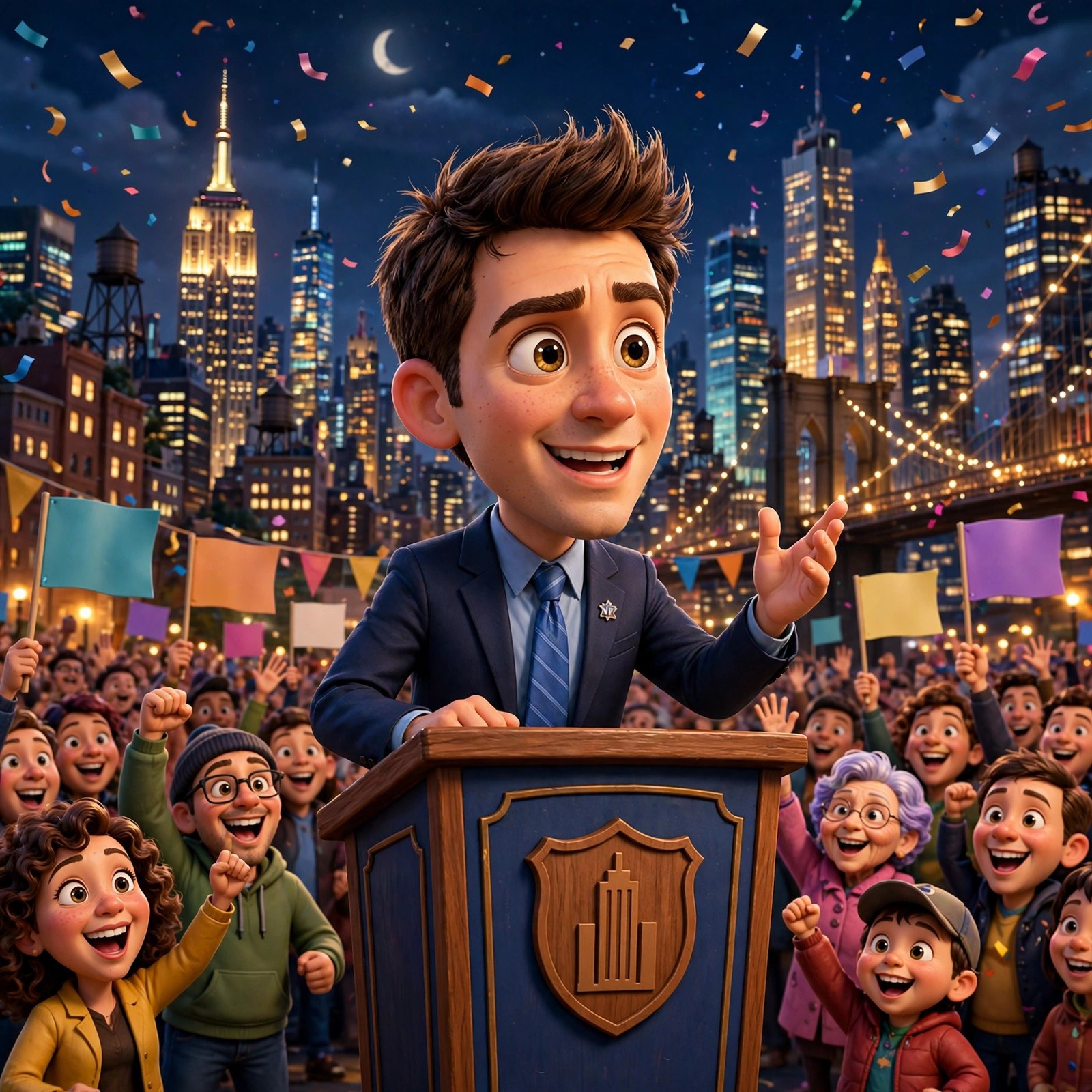 Cartoon dramatization of the animated Mamdani character at a nighttime rally with the skyline behind