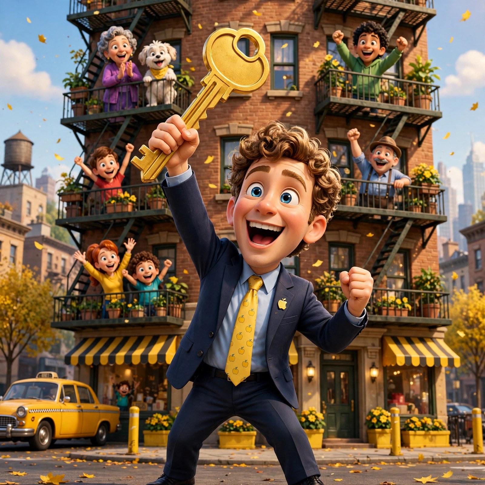 Cartoon dramatization of the animated Mamdani character cheering with a giant golden key before an apartment building