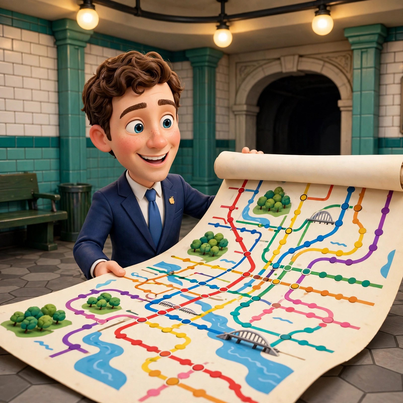 Cartoon dramatization of the animated Mamdani character unrolling a giant subway map